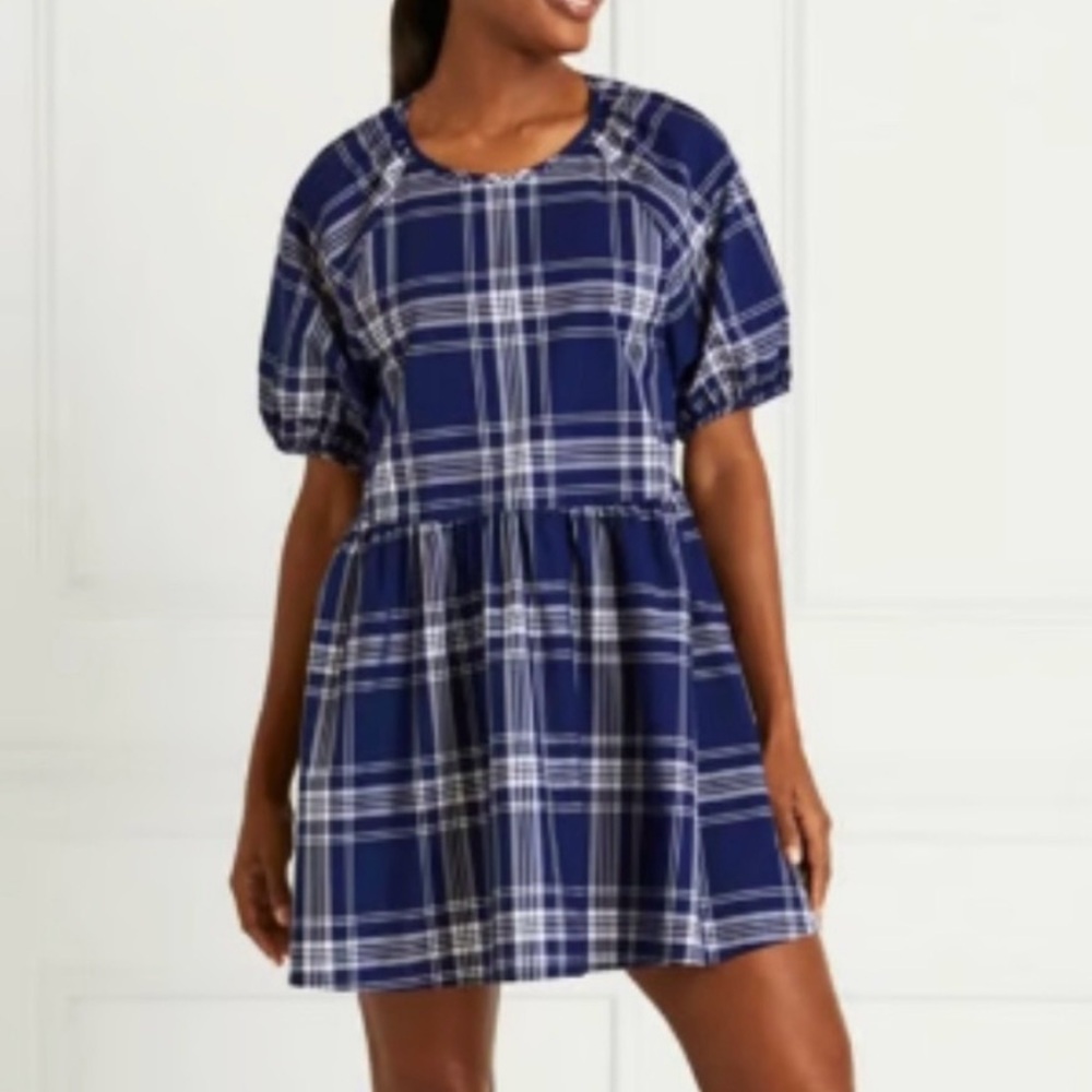 Hill House sz S Adeline Short Babydoll Dress Navy Plaid Puff Sleeve